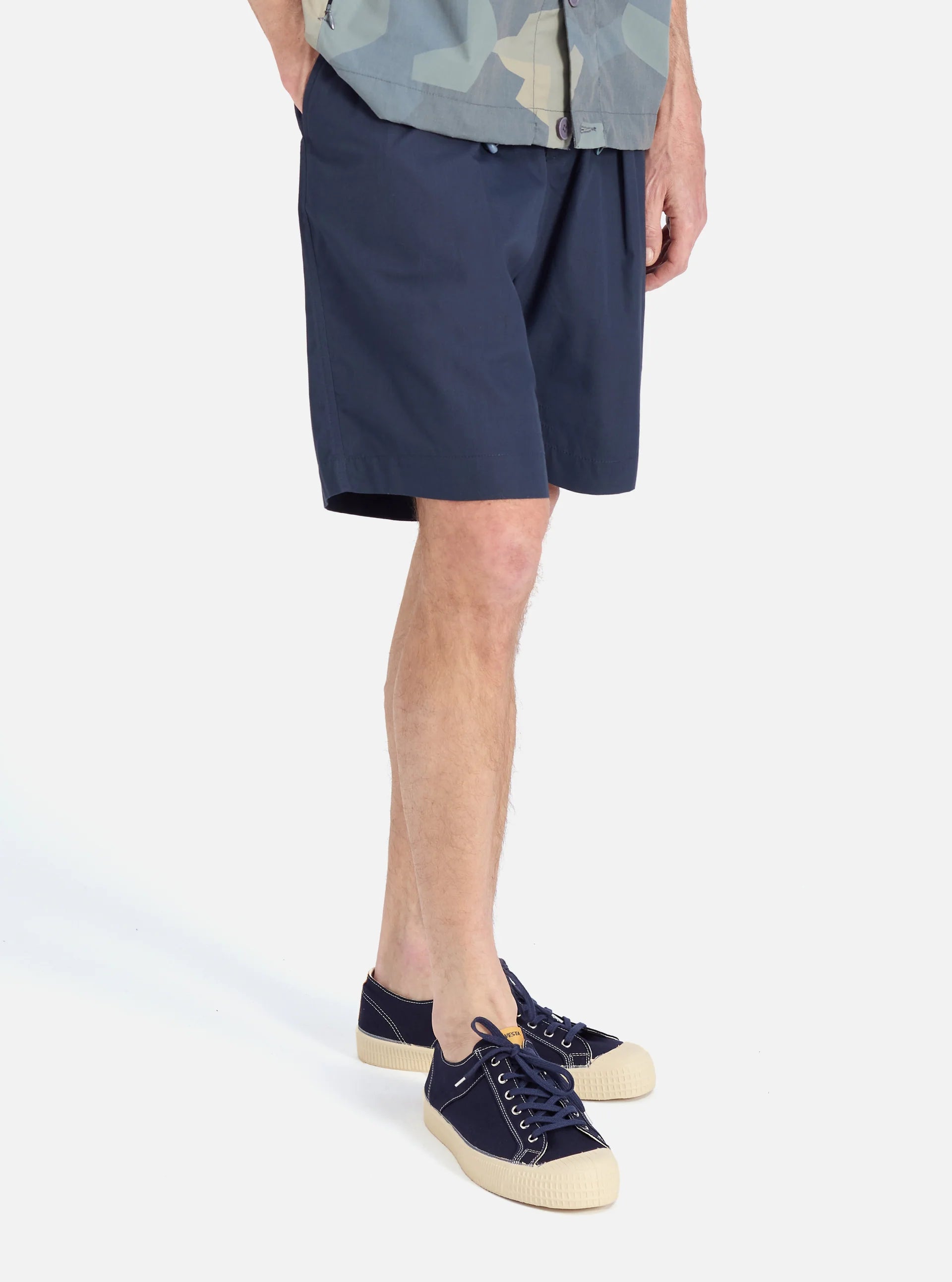 Universal Works Pleated Track Short in Navy Recycled Polytech