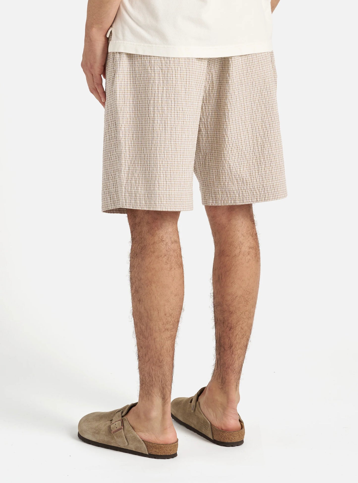 Universal Works Pleated Track Short in Ecru/Sand Ospina Check Cotton