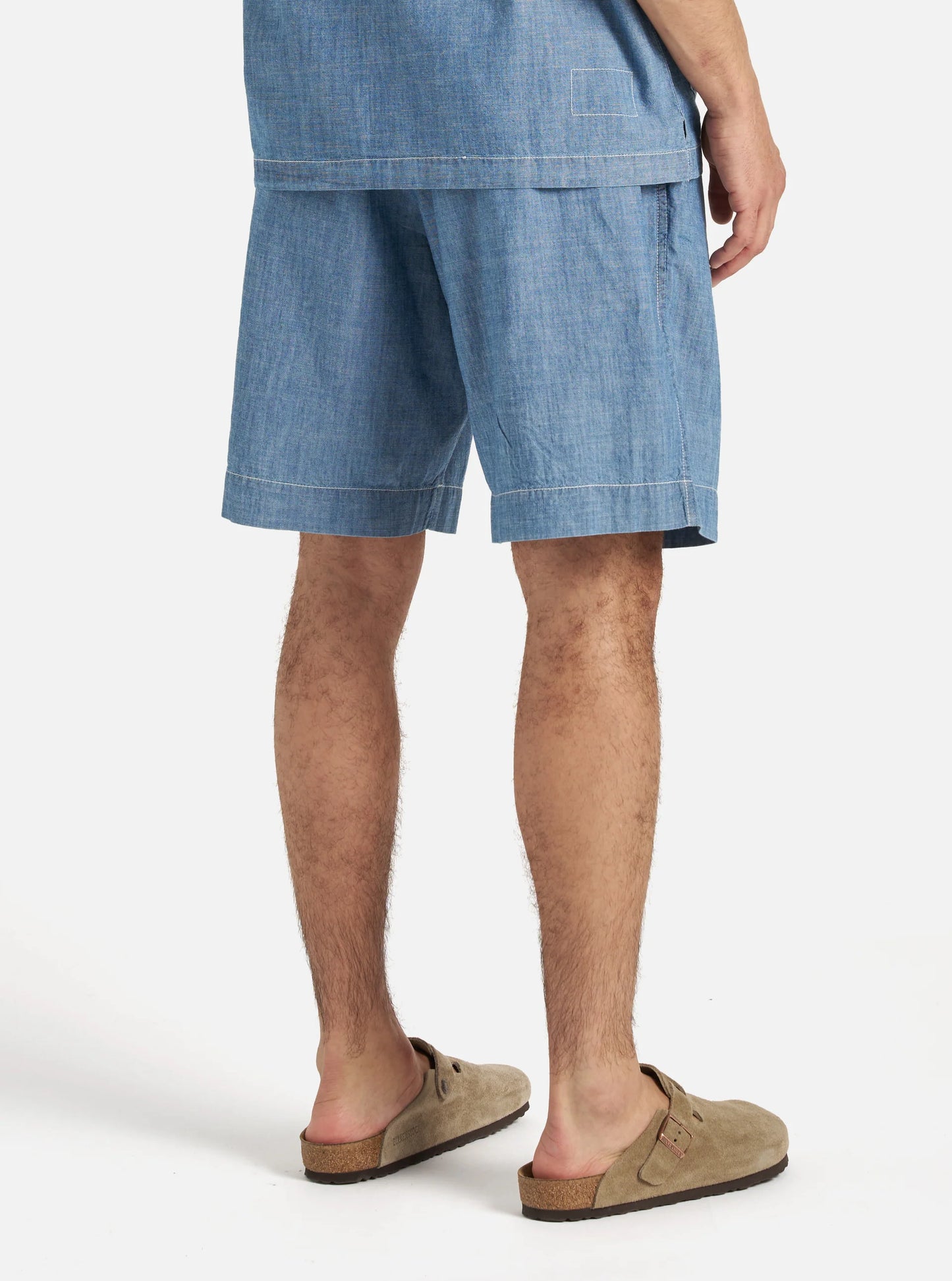 Universal Works Pleated Track Short in Washed Indigo Chambray