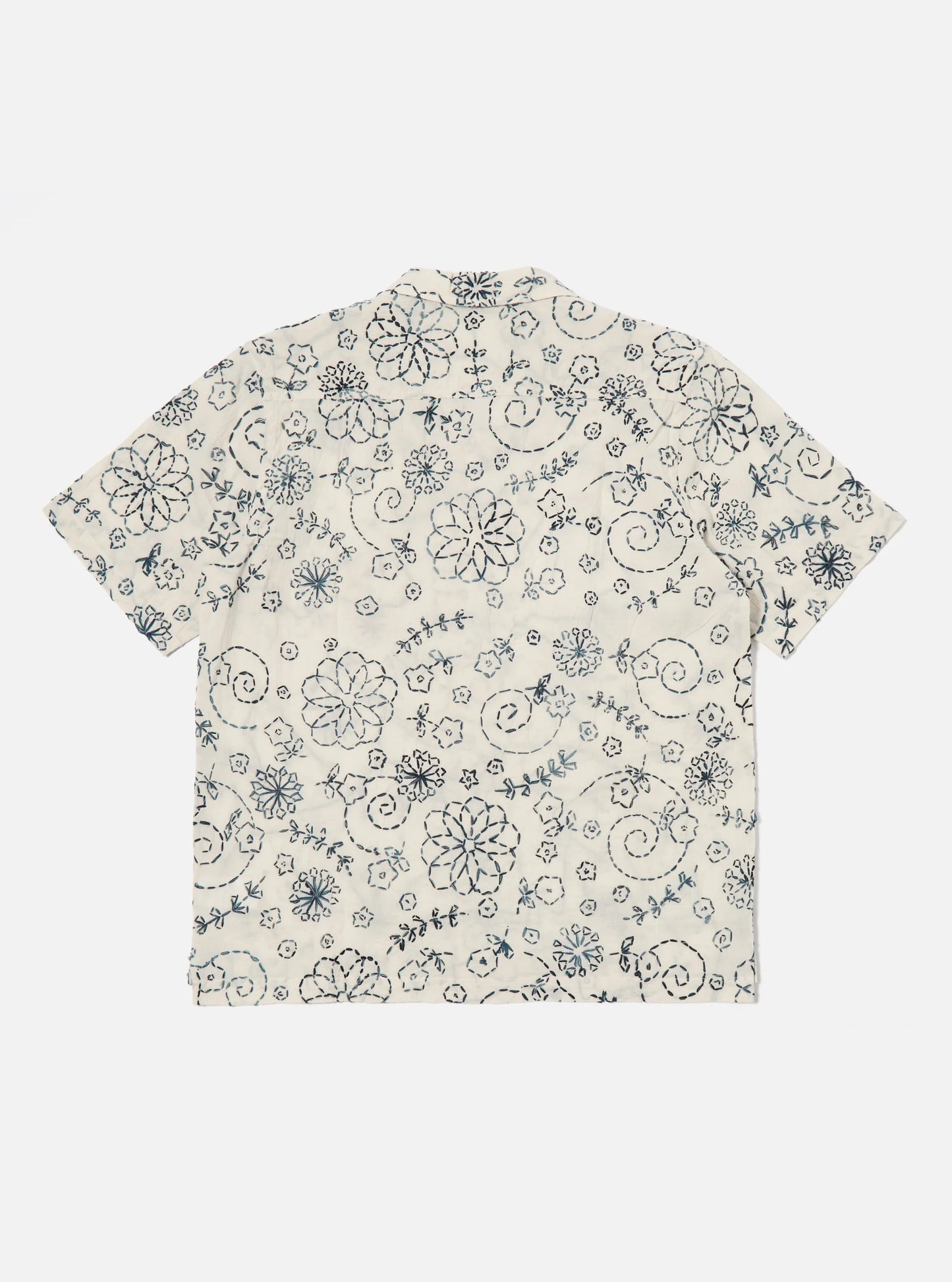 Universal Works Camp Shirt in Ecru Charcoal Kantha Cotton