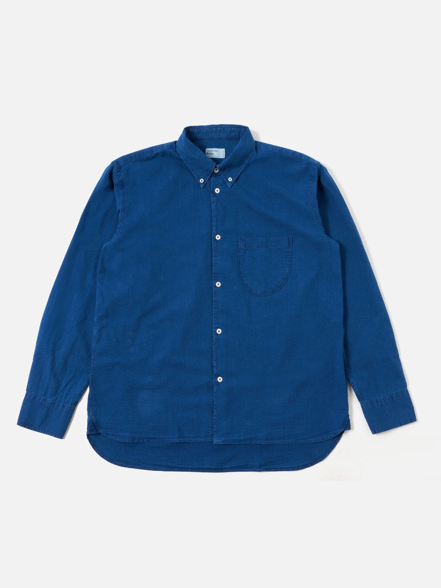 Universal Works Lazy Day Shirt in Washed Indigo Seersucker