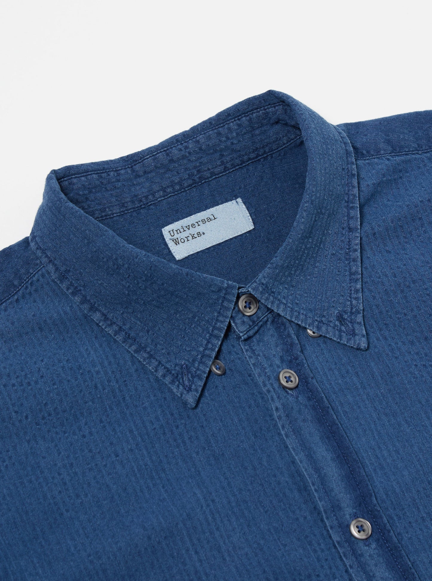 Universal Works Lazy Day Shirt in Washed Indigo Seersucker
