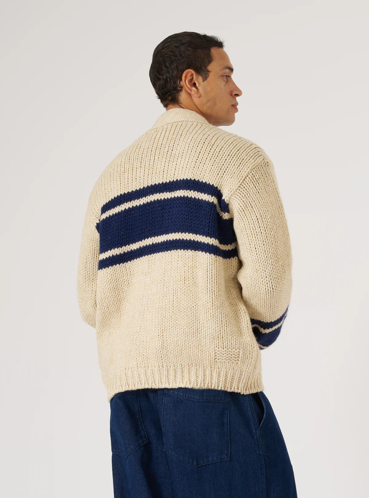 Universal Works Langdale Chunky Knit Wool Cardigan in Sand