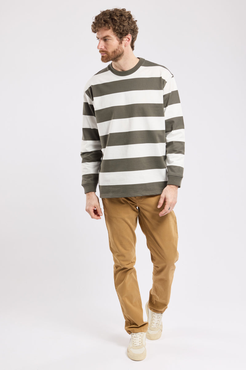 Armor Lux Long Sleeved Striped T-Shirt in Chimera Olive/Milk