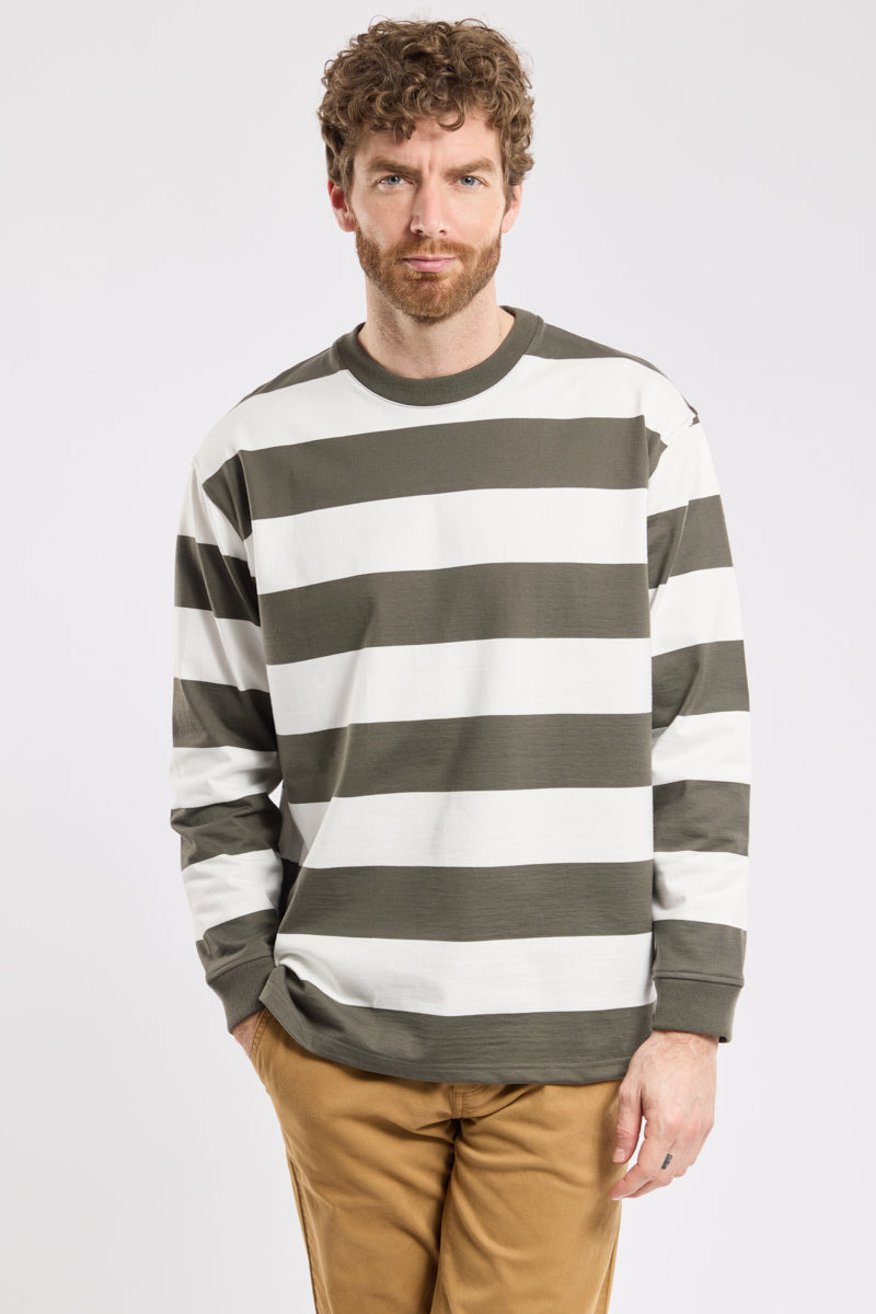 Armor Lux Long Sleeved Striped T-Shirt in Chimera Olive/Milk