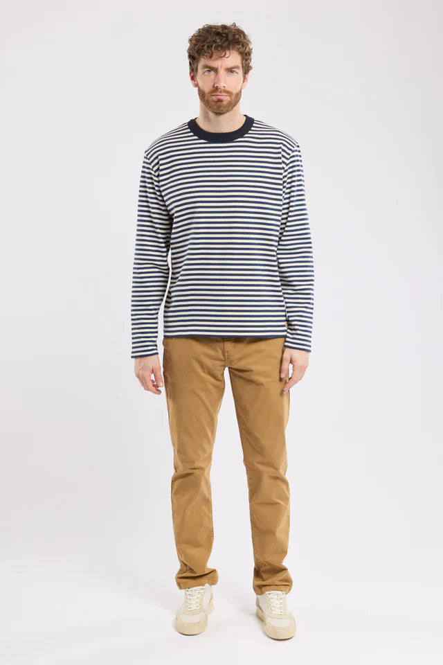 Armor Lux Long Sleeved Striped T-Shirt in Marine Deep & Milk
