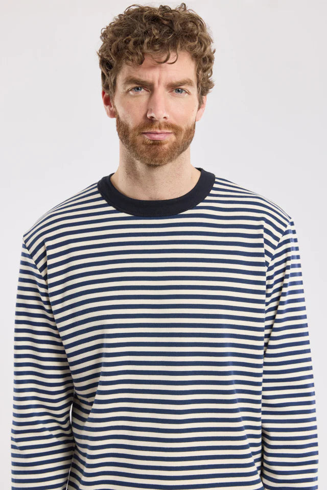 Armor Lux Long Sleeved Striped T-Shirt in Marine Deep & Milk