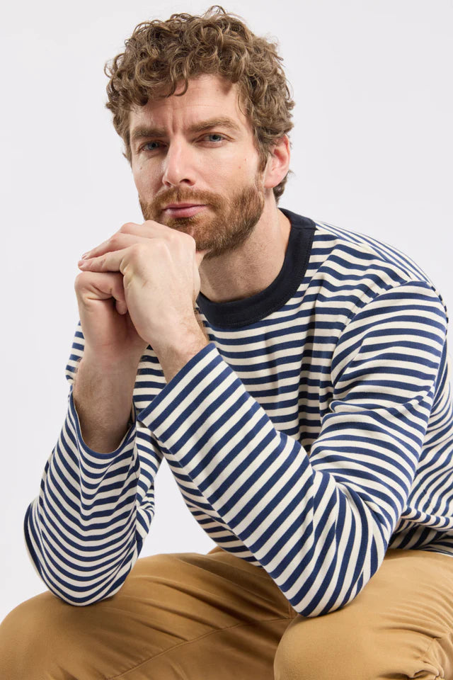 Armor Lux Long Sleeved Striped T-Shirt in Marine Deep & Milk
