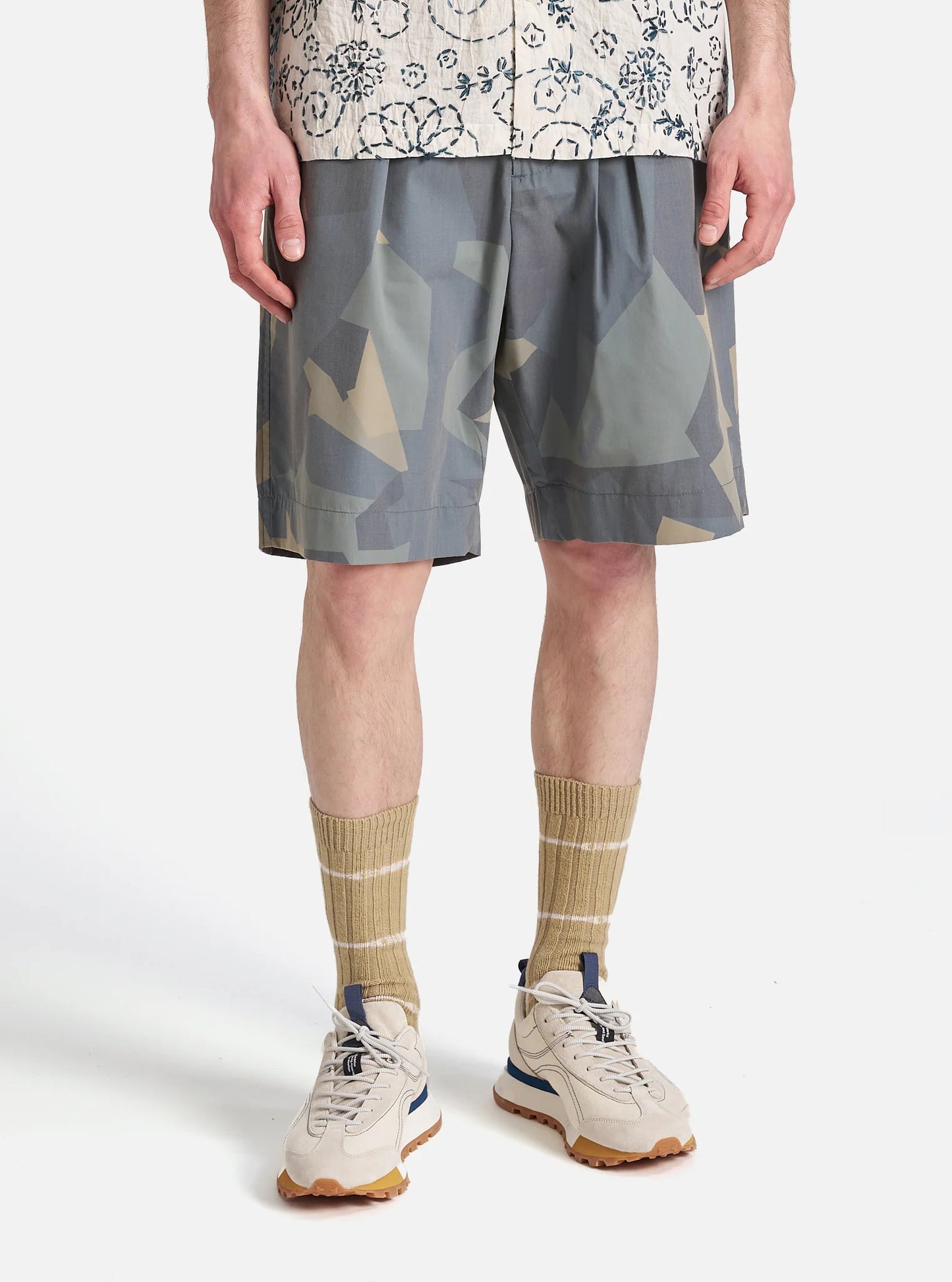 master-piece x Universal Works Pleated Track Short in Blue Camo Printed Recycled Polytech