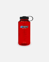 Nalgene 1L Red Sustain Wide Mouth Bottle made from 50% recycled plastic with BPA-free design