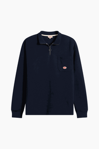 Armor Lux Heritage Cotton Quarter Zip navy sweatshirt with high zip collar and chest pocket badge