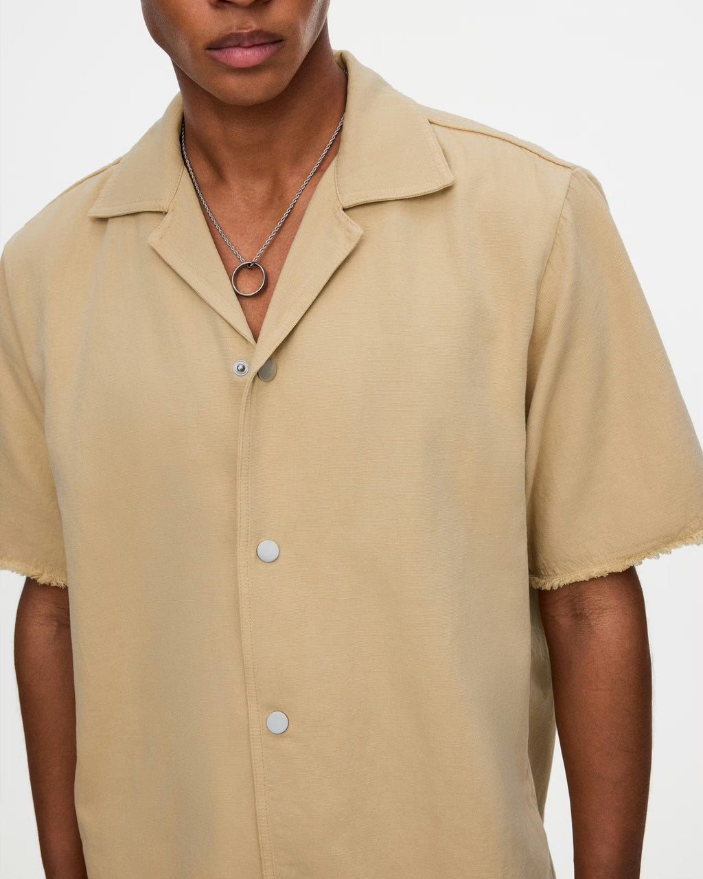 OAS Latte Bodega cotton linen canvas shirt with resort collar and relaxed boxy fit in muted latte tone