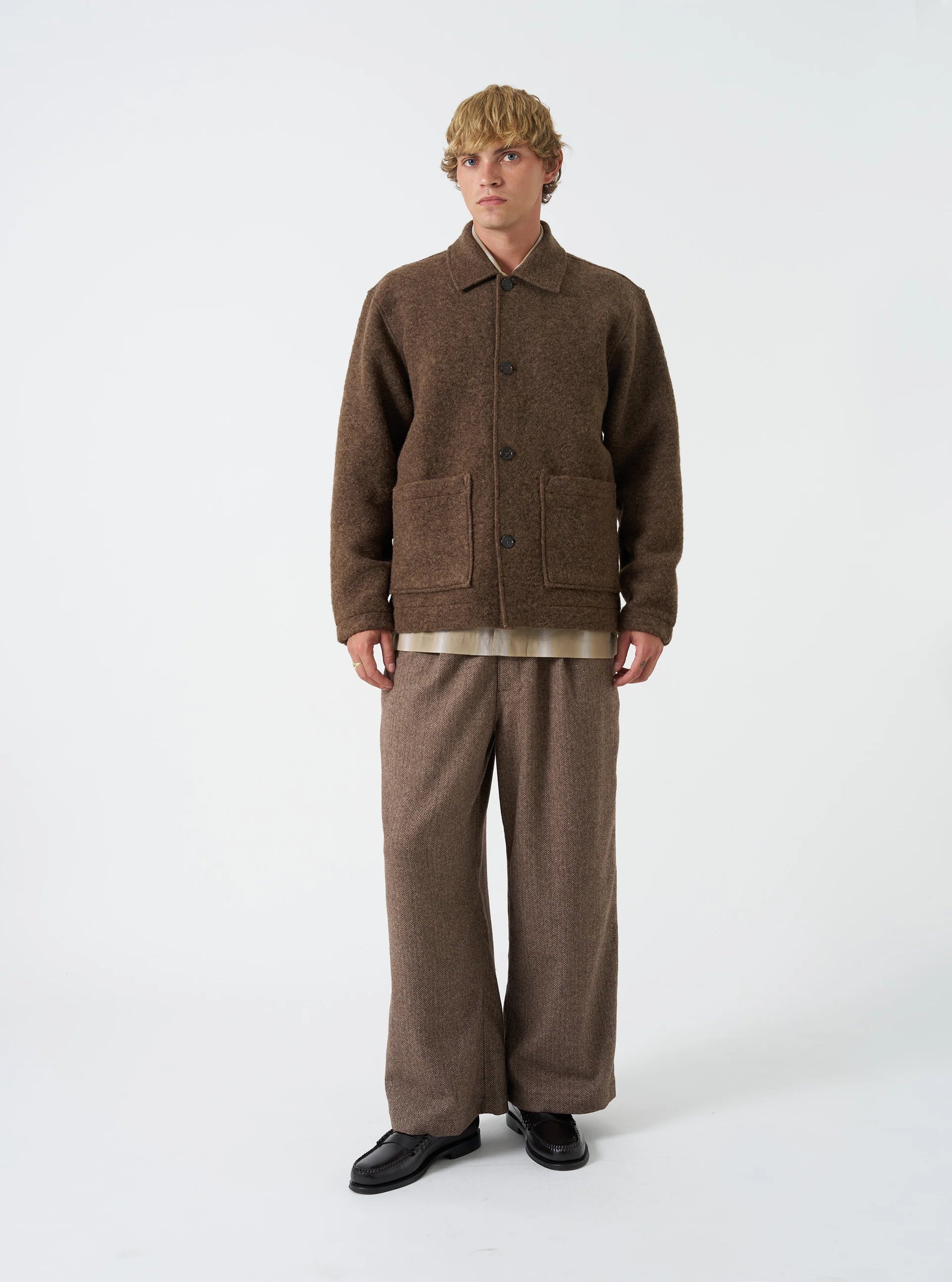 Universal Works Rams Jacket in Brown Marl Wool Fleece