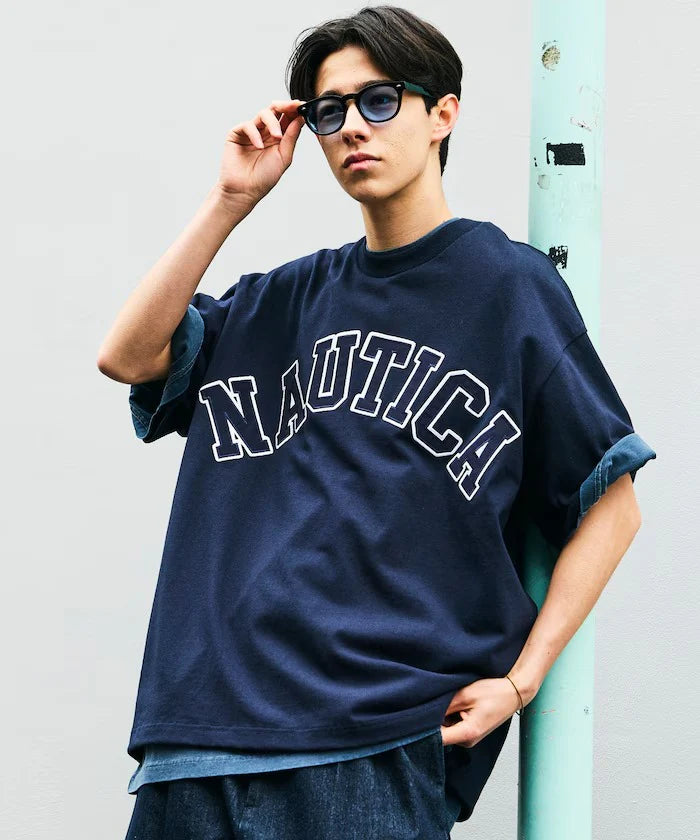 Nautica Japan Arch Logo Piece Dyed Tee in Navy