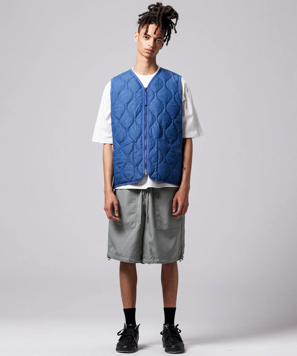 TAION Military Zip V-Neck Down Vest in Indigo Denim