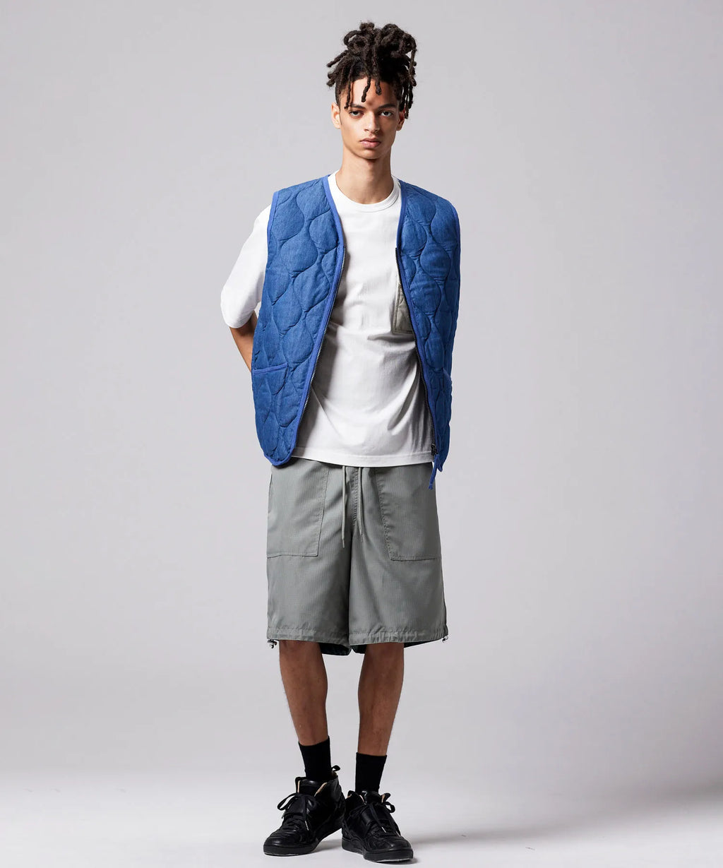 TAION Military Zip V-Neck Down Vest in Indigo Denim