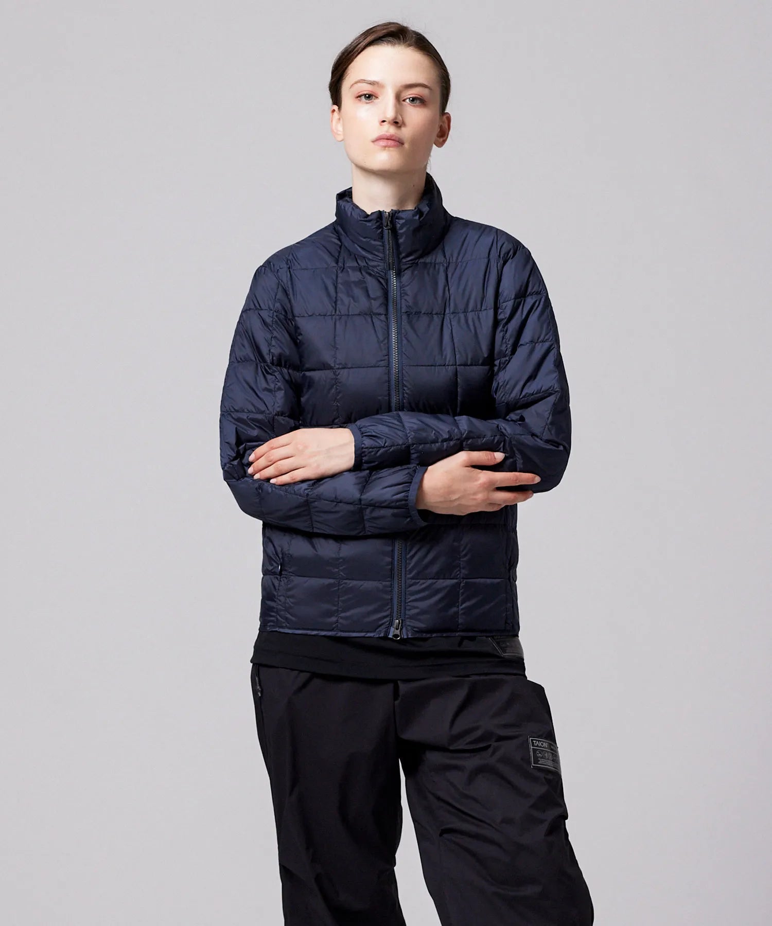 TAION Unisex Basic Hi Neck W-Zip Down Jacket in Navy