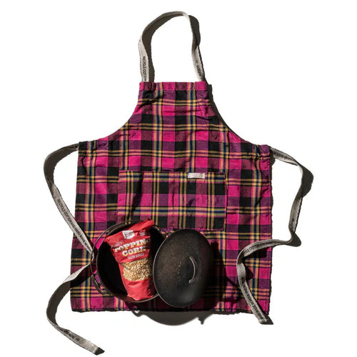 Puebco Recycled Cotton pink check apron with adjustable strap and front pocket
