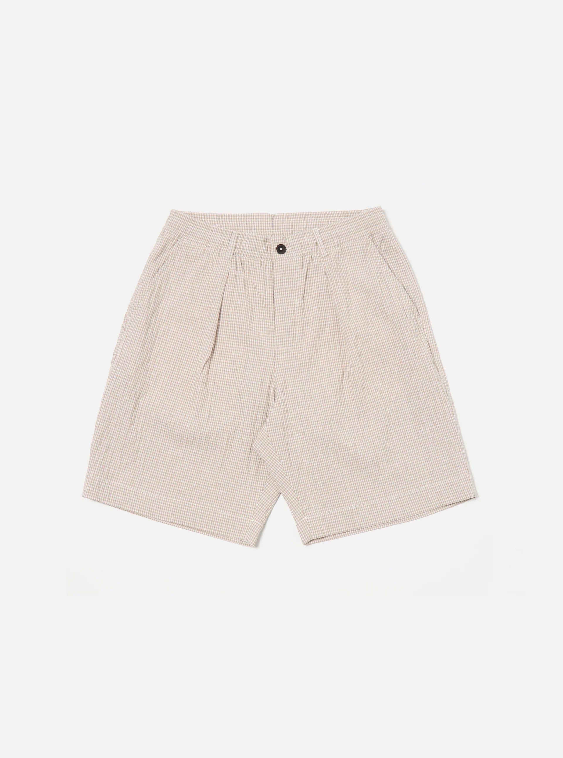 Universal Works Pleated Track Short in Ecru/Sand Ospina Check Cotton