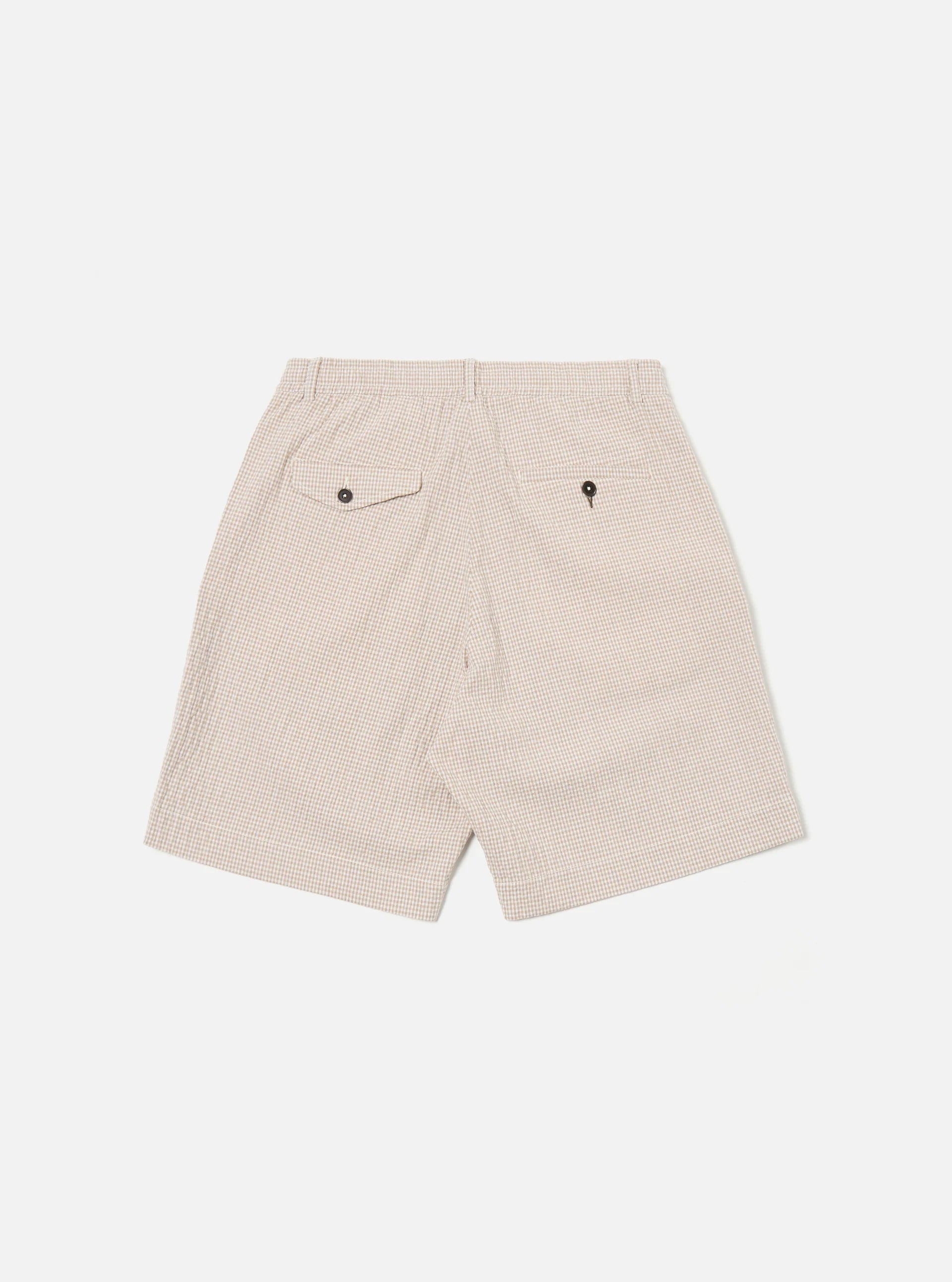 Universal Works Pleated Track Short in Ecru/Sand Ospina Check Cotton
