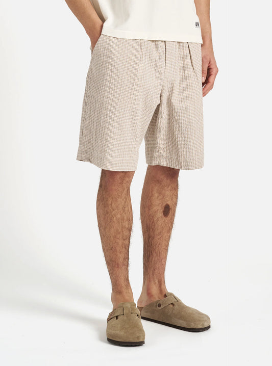 Universal Works Pleated Track Short in Ecru/Sand Ospina Check Cotton