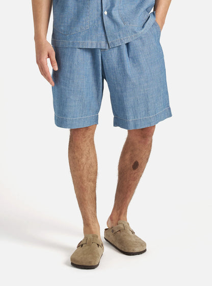 Universal Works Pleated Track Short in Washed Indigo Chambray