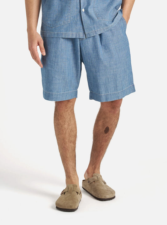 Universal Works Pleated Track Short in Washed Indigo Chambray