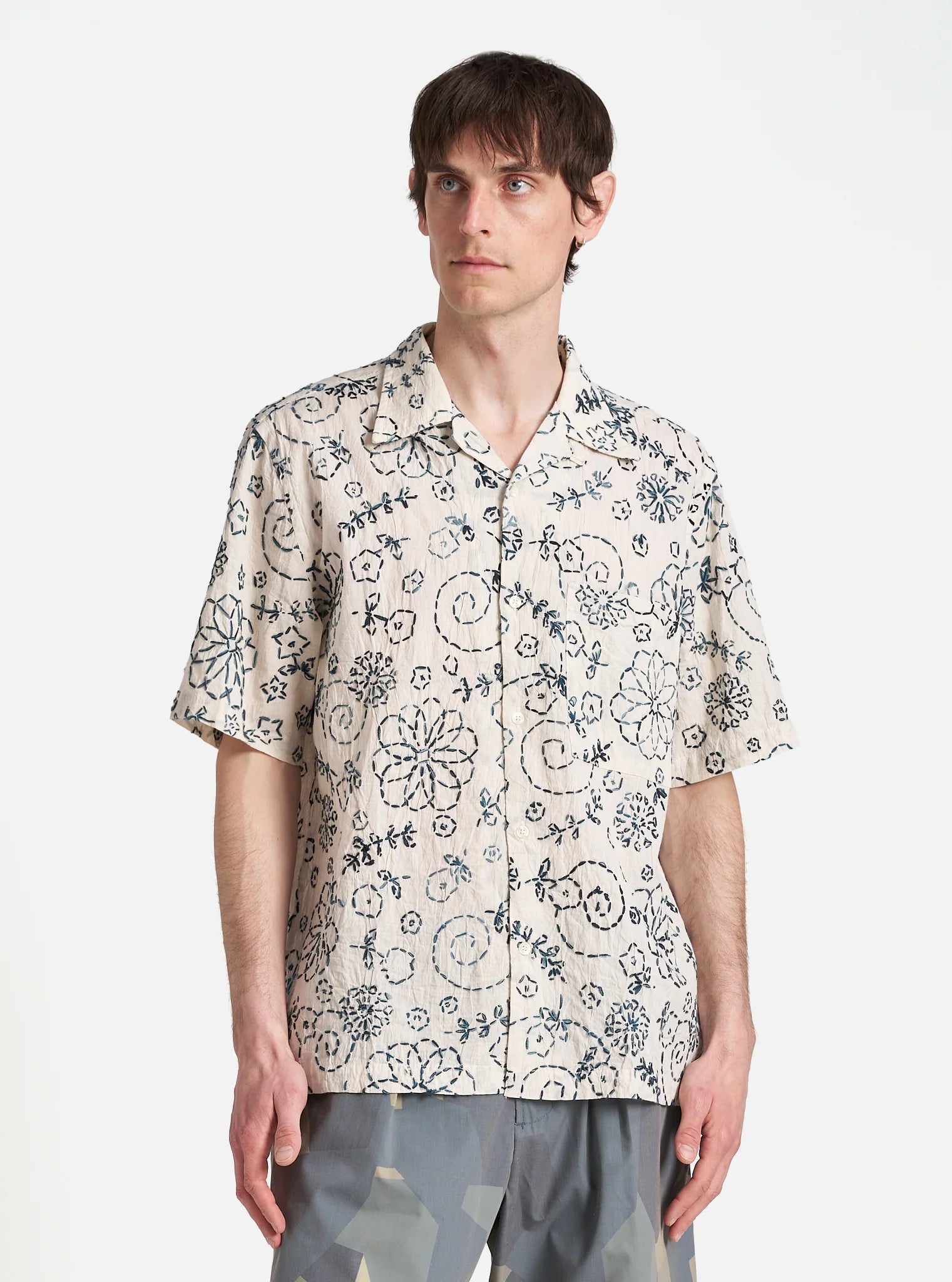 Universal Works Camp Shirt in Ecru Charcoal Kantha Cotton