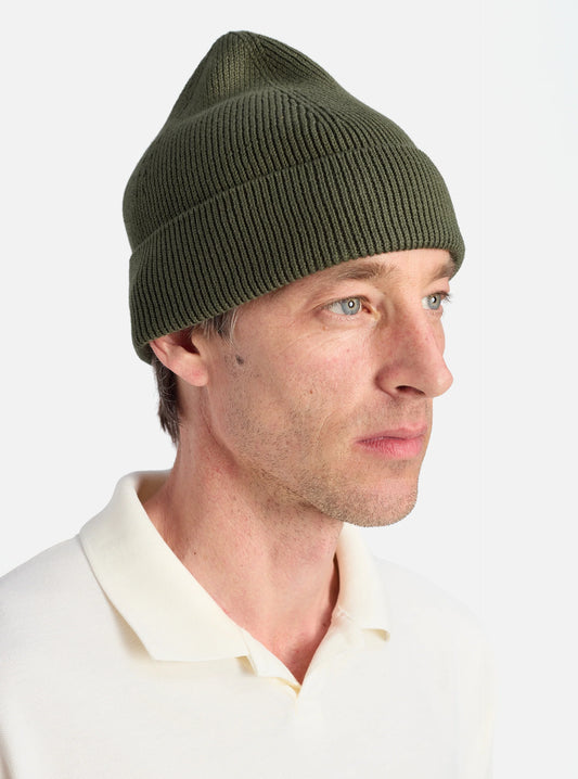 Universal Works Watch Cap in Olive Cotton Rib