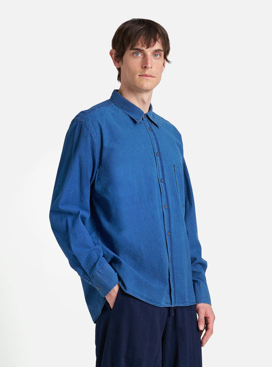 Universal Works Lazy Day Shirt in Washed Indigo Seersucker
