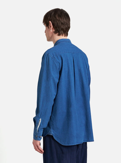 Universal Works Lazy Day Shirt in Washed Indigo Seersucker
