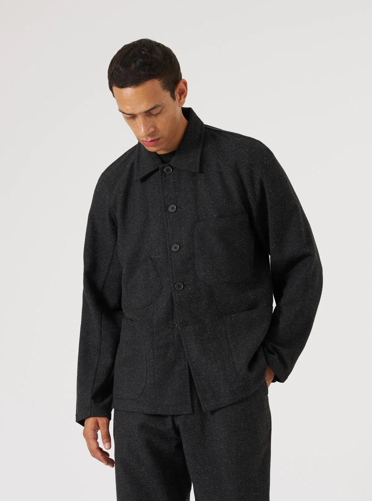 Universal Works Salt n Pepper Tweed Station Jacket in Black