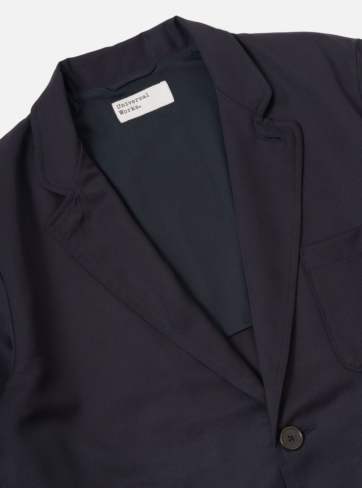 Universal Works Travel Suiting Two Button Jacket in Navy
