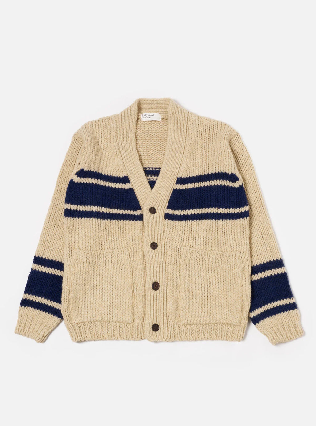 Universal Works Langdale Chunky Knit Wool Cardigan in Sand