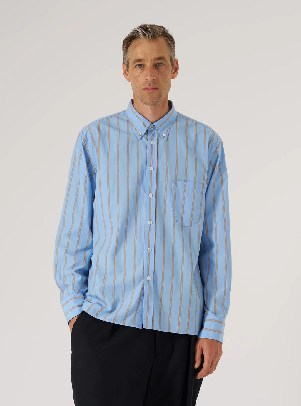 Universal Works Pop Stripe One Lazy Day Shirt in Blue
