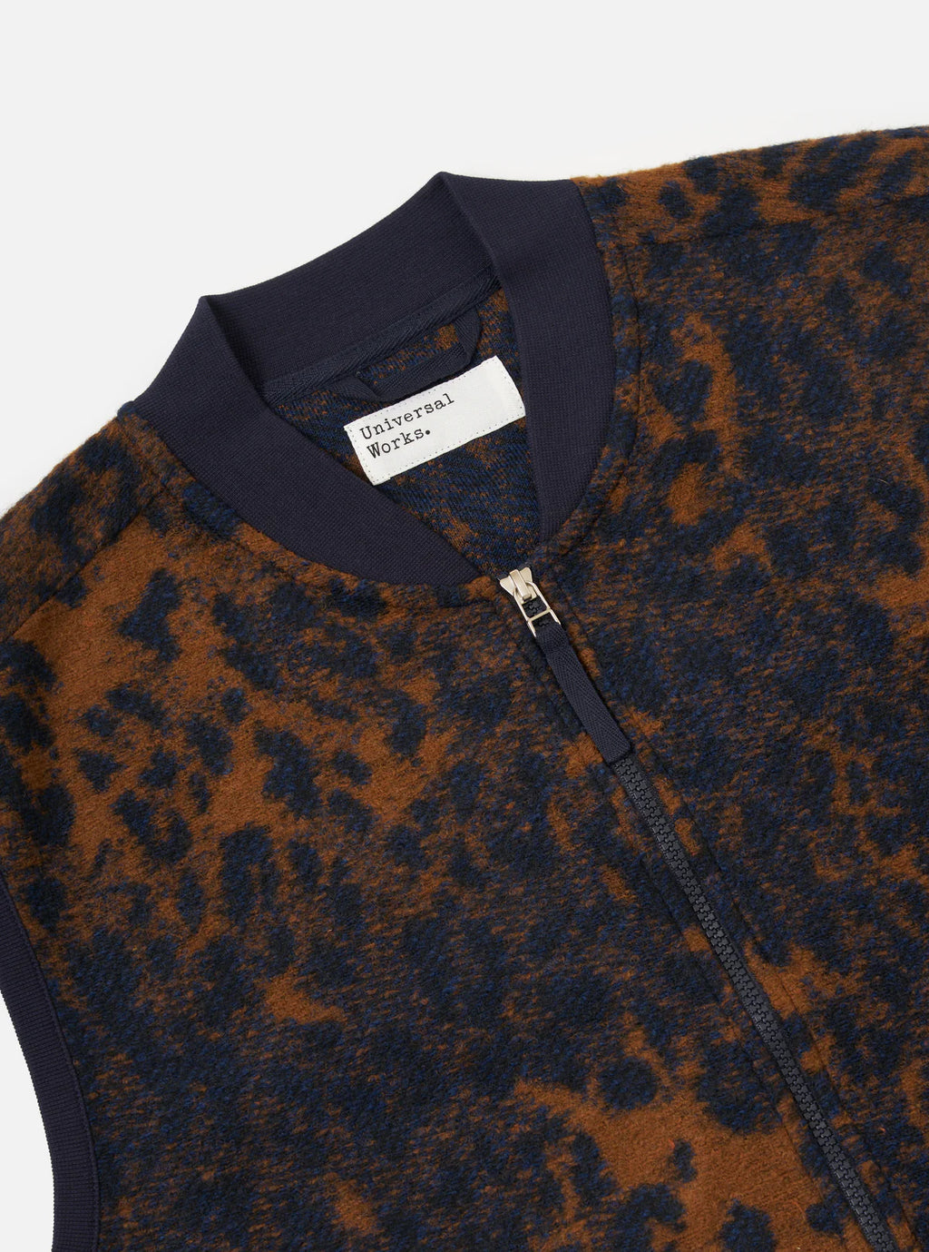 Universal Works Night Leopard Zip Waistcoat in Dark Navy & Brown