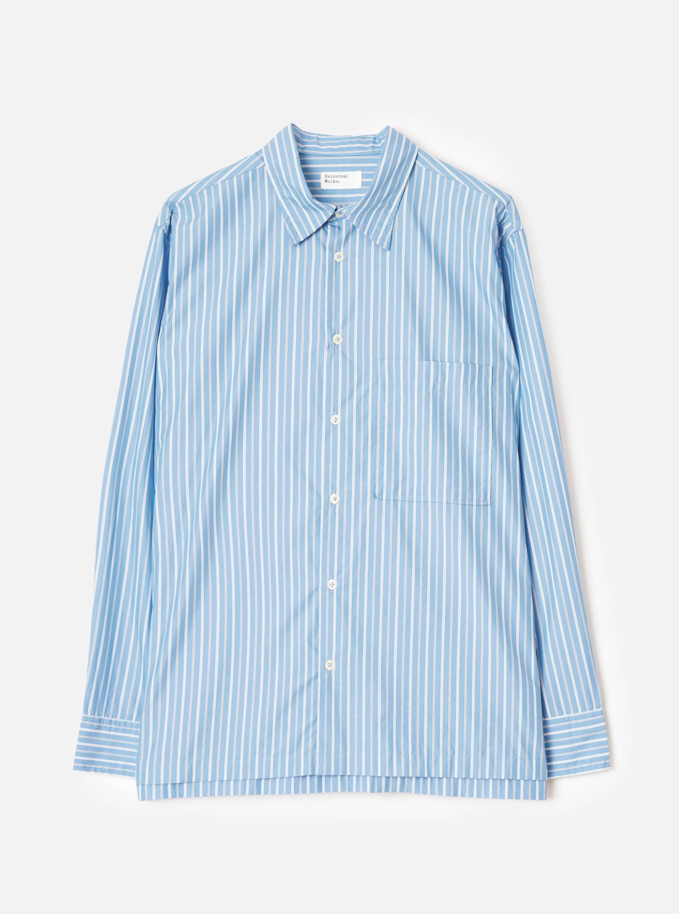 Universal Works Lucky Shirt in Blue Stripe Refab Compact Cotton