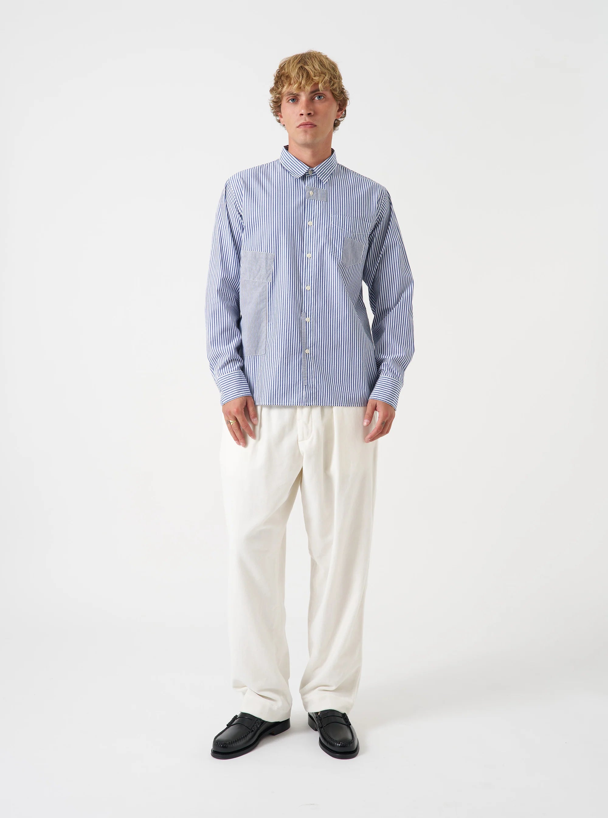 Universal Works Patched Shirt in Navy Queens Cotton