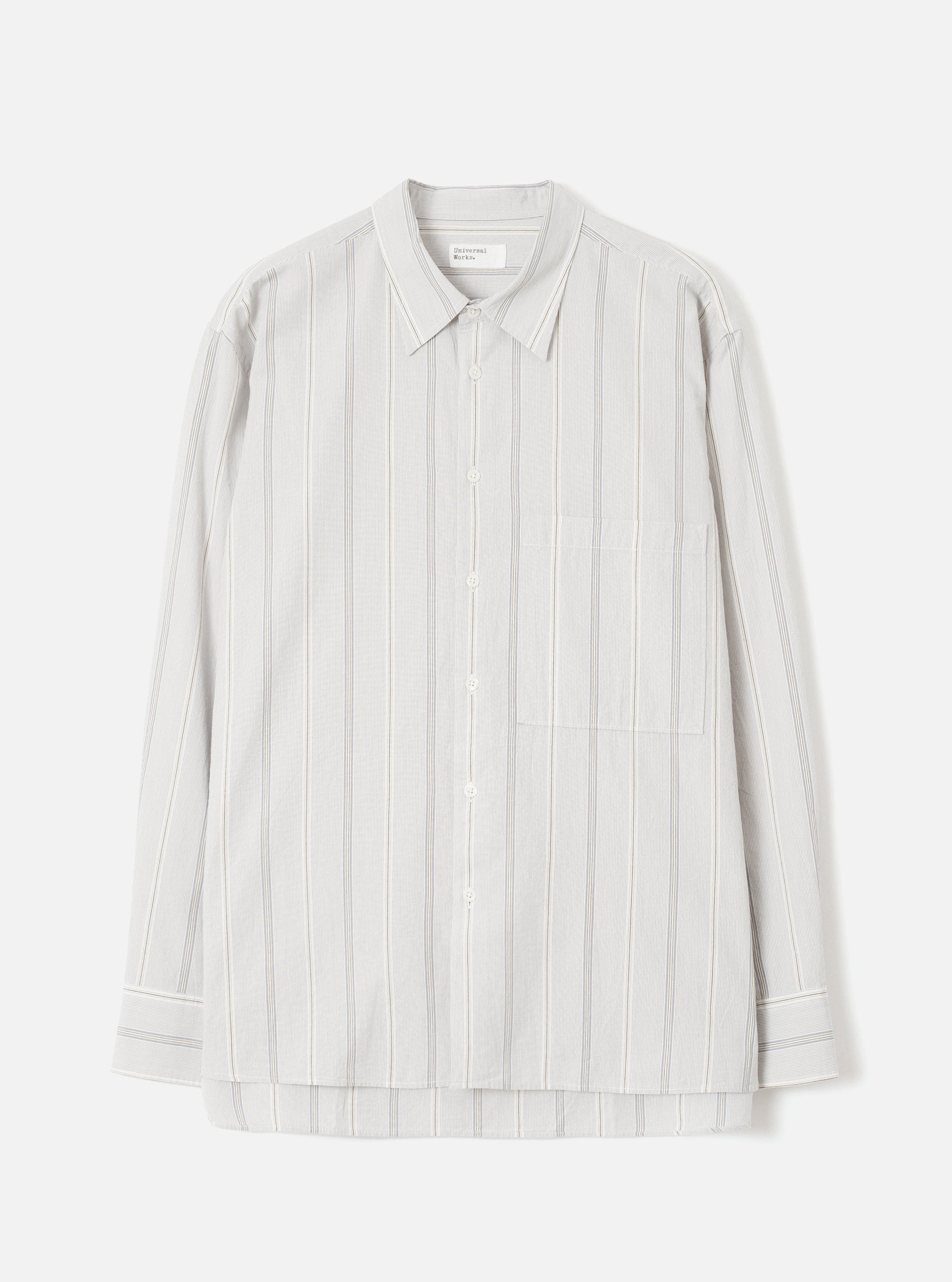 Universal Works Square Pocket Shirt in Dove Monk Organic Stripe