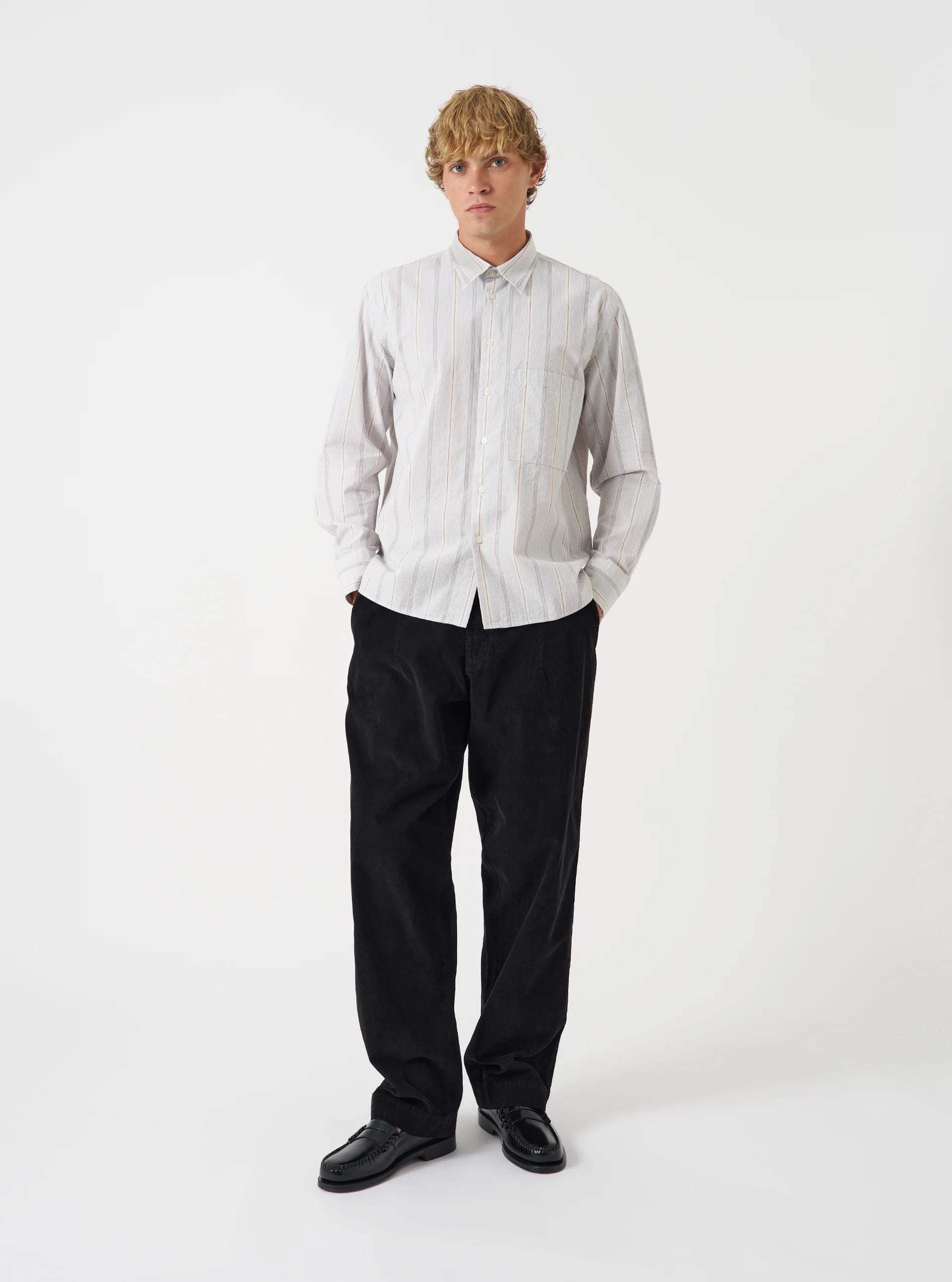 Universal Works Square Pocket Shirt in Dove Monk Organic Stripe