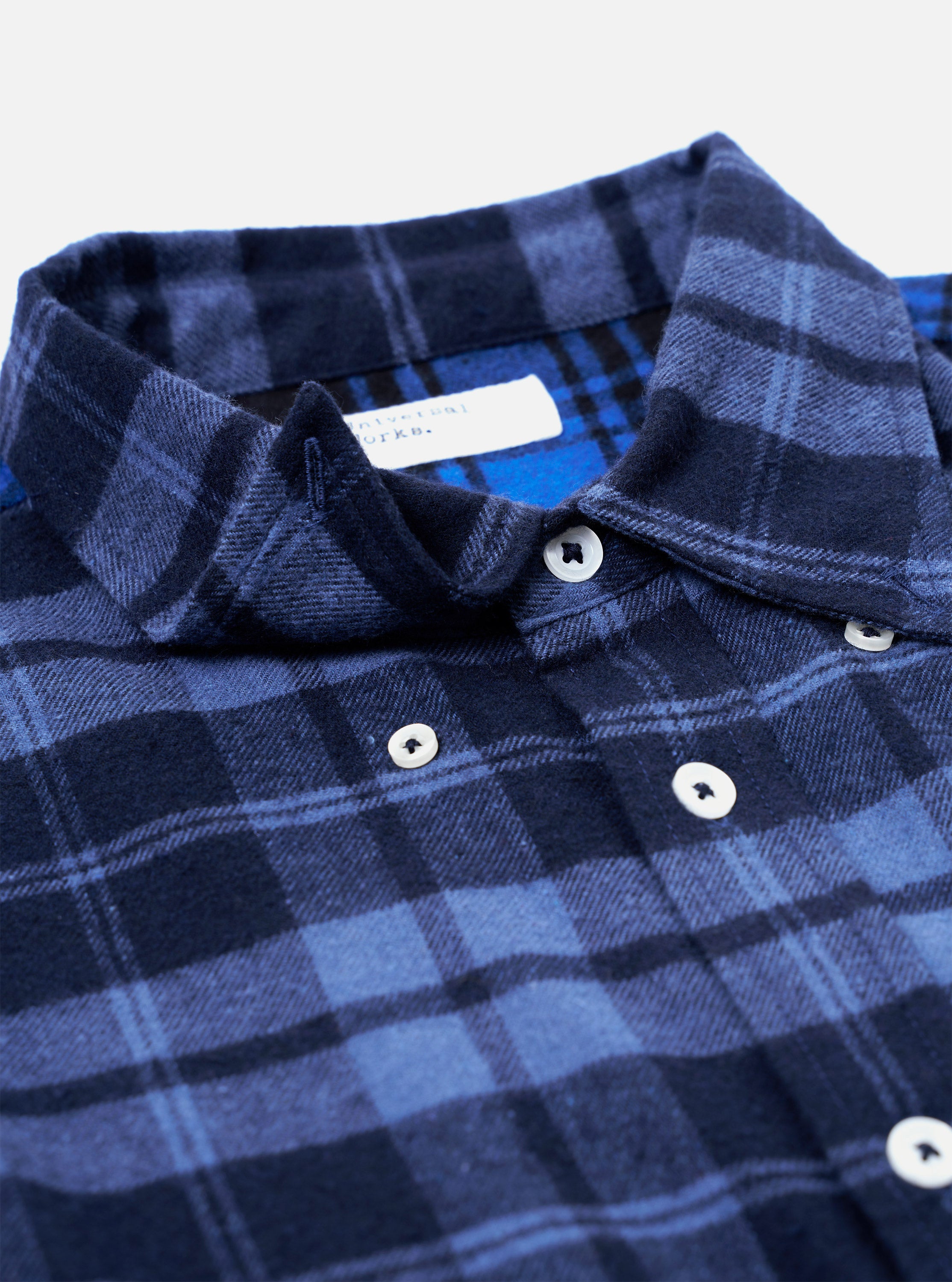 Universal Works Lazy Day Shirt in Navy/Blue Brush Panel Check