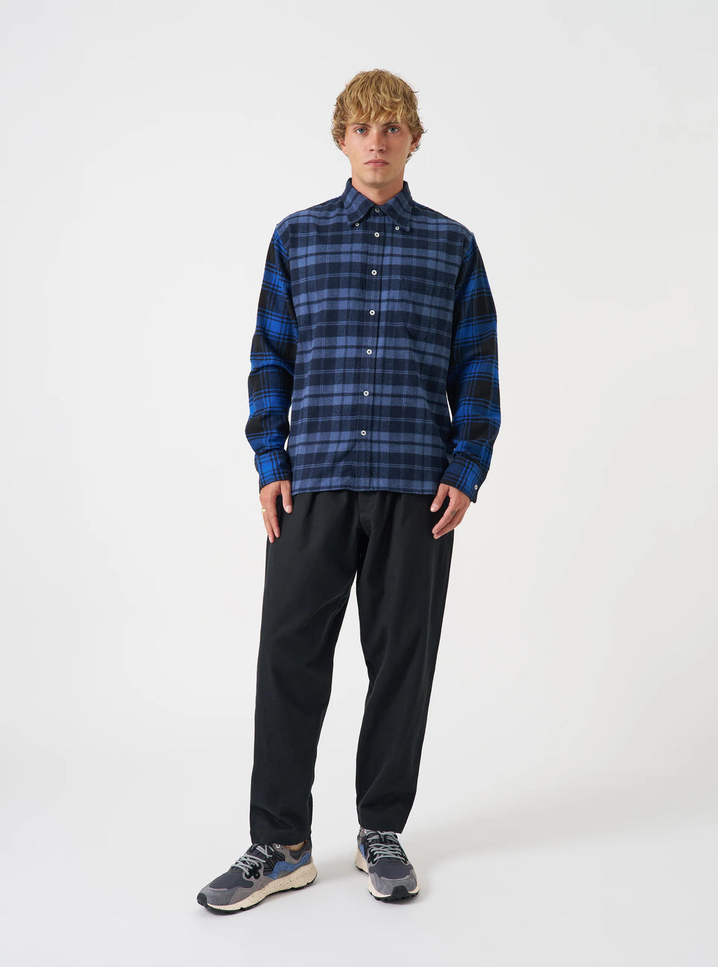 Universal Works Lazy Day Shirt in Navy/Blue Brush Panel Check