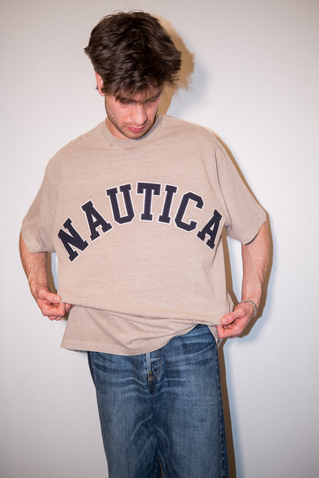 Nautica Japan Arch Logo Pigment Dyed Tee in Beige