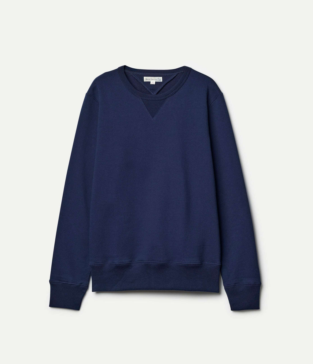 Merz B. Schwanen navy loopwheeled sweatshirt with triangular inserts and woven halfmoon back detail