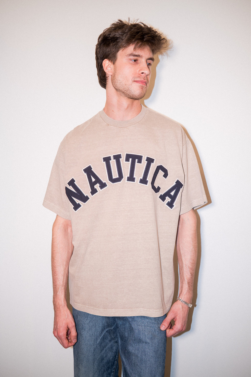Nautica Japan Arch Logo Pigment Dyed Tee in Beige