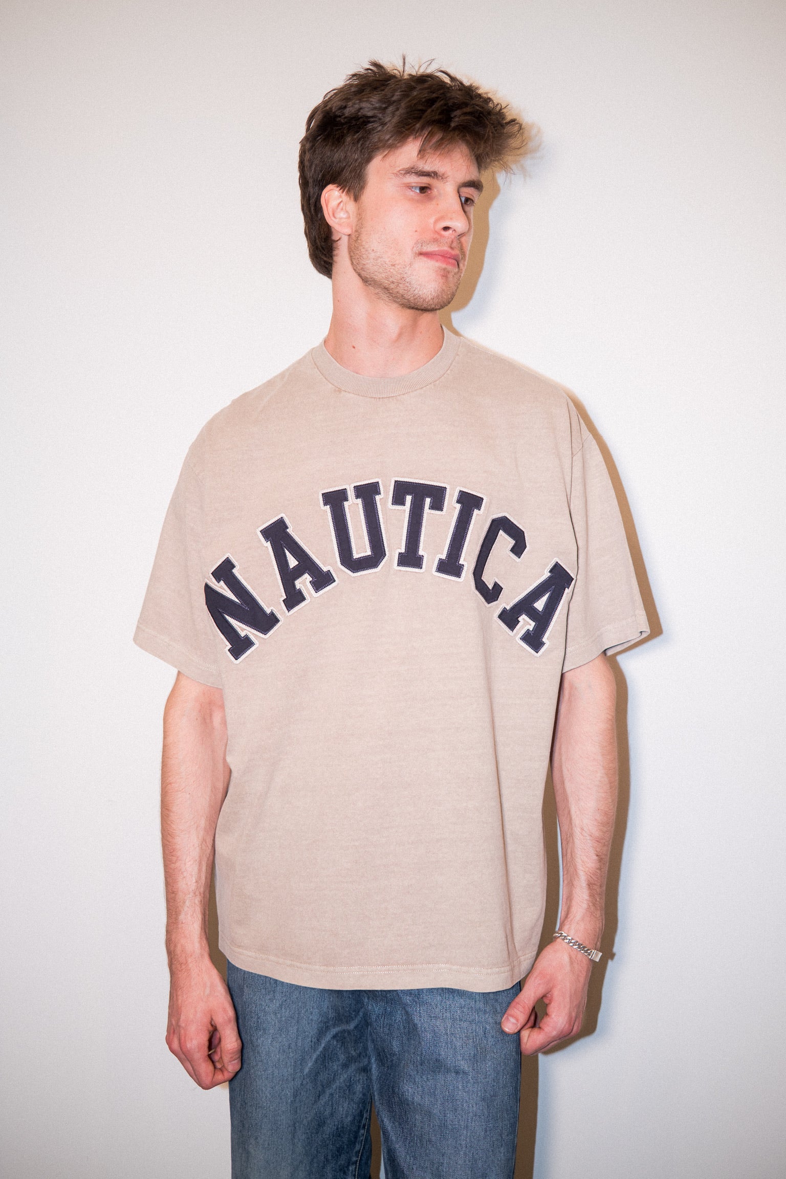 Nautica Japan Arch Logo Pigment Dyed Tee in Beige