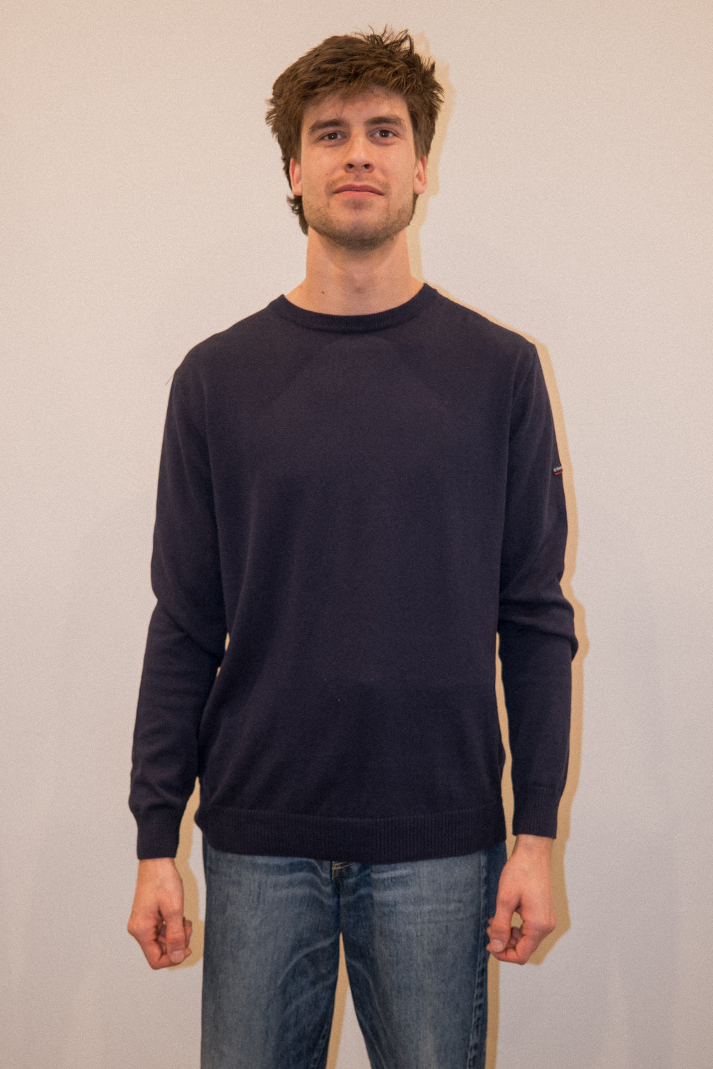 Armor Lux Cotton Linen Crew Neck Jumper in Navy