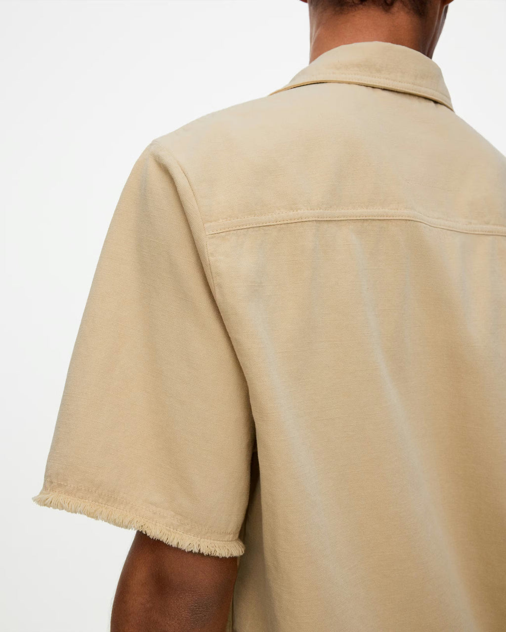 OAS Latte Bodega cotton linen canvas shirt with resort collar and relaxed boxy fit in muted latte tone