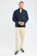 Navy Armor Lux Heritage Cotton Quarter Zip sweatshirt with ribbed cotton, high zip collar, chest pocket, and ribbed cuffs