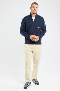 Navy Armor Lux Heritage Cotton Quarter Zip sweatshirt with ribbed cotton, high zip collar, chest pocket, and ribbed cuffs